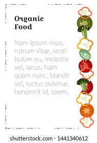 Organic food. A4 poster template. Food for marketing materials. Peppers, tomatoes, broccoli - flat vegetables for a vegetarian restaurant menu, ads, covers. Design with wholesome natural food