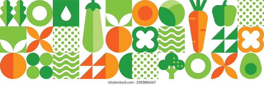 Organic food. Abstract geometric seamless pattern with fruits and vegetables. Set of simple modern icons in flat bauhaus style. Elements isolated on white background. Vector illustration.