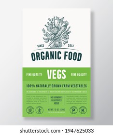 Diseño de empaquetado de vectores de resumen de alimentos orgánicos o plantilla de etiquetas. Pancarta de la Comida Agrícola. La tipografía moderna y las verduras y hierbas dibujadas a mano esbozan el diseño del fondo con sombra suave.