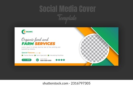 Organic food and agriculture service modern lawn mower garden, or landscaping social media cover design template for business promotion with green gradient, yellow color shape and white background