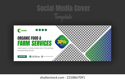 Organic food and agriculture service, modern lawn mower garden or landscaping service with geometric green gradient color shape for social media cover or post design template discount offer