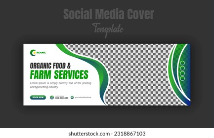 Organic food and agriculture service, modern lawn mower garden or landscaping service with abstract green gradient color shape for social media cover or post design template discount offer