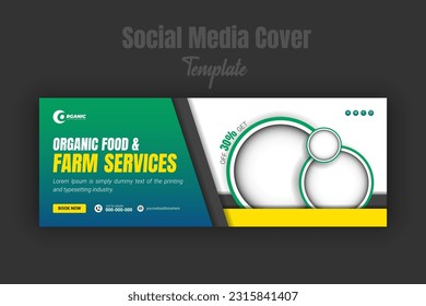 Organic food and agriculture service for social media cover or post design template, modern lawn mower garden, or landscaping service with green gradient background and and abstract yellow color shape