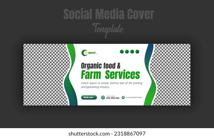 Organic food and agriculture service for social media cover or post design template, modern lawn mower garden, or landscaping service with abstract green gradient color shape and white background