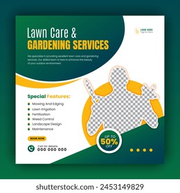 Servicio orgánico de alimentos y agricultura para la cubierta de redes sociales o Plantilla de diseño posterior, moderno jardín de cortadora de césped, o servicio de jardinería con fondo de gradiente verde y forma abstracta de color amarillo