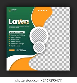 Organic food and agriculture service for social media cover or post design template, modern lawn mower garden, or landscaping service with green gradient background and abstract yellow color shape