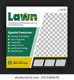 Organic food and agriculture service for social media cover or post design template, modern lawn mower garden, or landscaping service with green gradient background and abstract yellow color shape