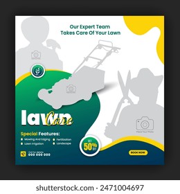 Organic food and agriculture service for social media cover or post design template, modern lawn mower garden, or landscaping service with green gradient background and abstract yellow color shape