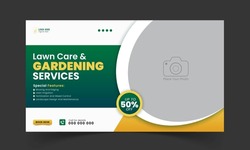 Organic Food And Agriculture Service For Stream Video Thumbnail Design, Modern Lawn Mower Garden, Or Landscaping Service Social Media Cover Or Post Template With Abstract Green And Yellow Color Shapes