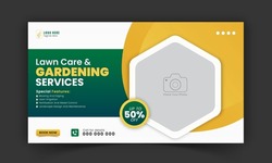 Organic Food And Agriculture Service For Stream Video Thumbnail Design, Modern Lawn Mower Garden, Or Landscaping Service Social Media Cover Or Post Template With Abstract Green And Yellow Color Shapes