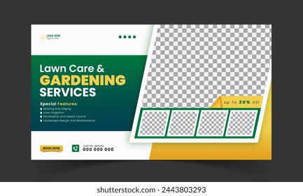 Organic food and agriculture service for stream video thumbnail design, modern lawn mower garden, or landscaping service social media cover or post template with abstract green and yellow color shapes