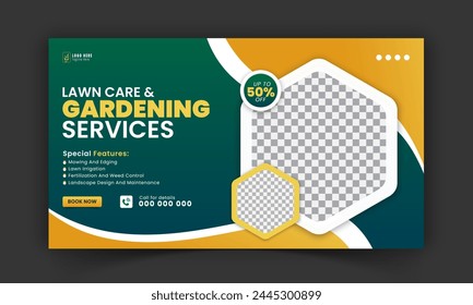 Organic food and agriculture service for stream video thumbnail design, modern lawn mower garden, or landscaping service social media cover or post template with abstract green and yellow color shapes