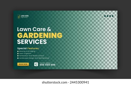 Organic food and agriculture service for stream video thumbnail design, modern lawn mower garden, or landscaping service social media cover or post template with abstract green and yellow color shapes