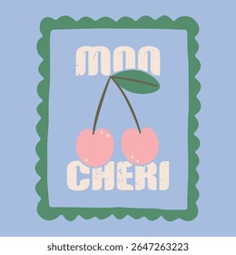 Organic food artwork, Cherry slogan typography text, Organic food artwork for a t-shirt. Lettering cherry retro Fruit vintage t-shirt design. Cherry time. Summer print. Sweet and juicy artwork,