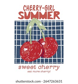 Organic food artwork, Cherry slogan typography text, Organic food artwork for a t-shirt. Lettering cherry retro Fruit vintage t-shirt design. Cherry time. Summer print. Sweet and juicy artwork,