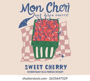 Organic food artwork for for t-shirt. cherry bucket. Eat more cherry. Sweet cherry artwork. Cherry fruit print. Nature fruit club print design.