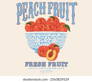 Organic food artwork for for t-shirt. Fruit vintage t-shirt design. Peach fruit food poster design. Peach fruit artwork. Fresh Peach fruit print.