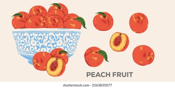 Organic food artwork for for t-shirt. Fruit vintage t-shirt design. Peach fruit food poster design. Peach fruit artwork. Fresh Peach fruit set design.