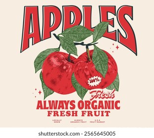 Organic food artwork for for t-shirt. Fruit vintage t-shirt design. Nature fruit print design. Sweet and juicy apple fruit artwork. Fresh apple fruit print.