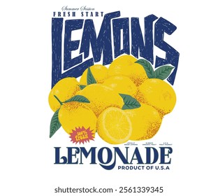 Organic food artwork for for t-shirt. Lemonade art. Fruit vintage t-shirt design. Summer food poster design. Lemon fruit artwork. Fresh lemon fruit print. Nature fruit club print design.