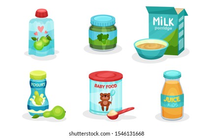 Organic Food For Babies Vector Isolated Set. Juices and Purees From Broccoli