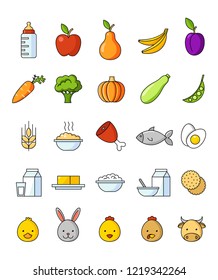 Organic food for babies vector set. Healthy meal for children. Cartoon set with isolated fruits, vegetables, meat, milk. Kid's menu infographic.