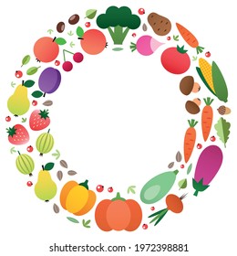 Organic food background. Colorful circle frame made of vegetables and fruits drawn in a flat style. Blank space for your text included. Vector 10 EPS.