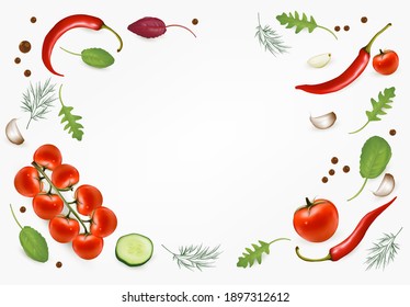 Fundo de alimentos orgânicos e espaço de cópia. Produtos hortícolas frescos, ervas aromáticas e especiarias. Conceito alimentar. Ilustração vetorial