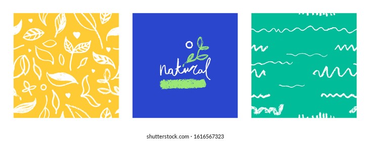 Organic food background for eco store. Eco-friendly icons set. Natural logo elements. Bio labels. Organic banner template for healthy design. Vector leaves pattern seamless. Agriculture growth logo.