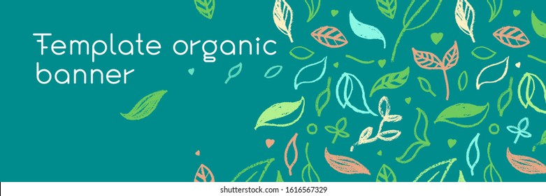 Organic food background for eco store. Eco-friendly icons set. Natural logo elements. Bio labels. Organic banner template for healthy design. Vector leaves pattern seamless. Agriculture growth logo.