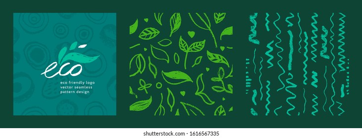 Organic food background for eco store. Eco-friendly icons set. Natural logo elements. Bio labels. Organic banner template for healthy design. Vector leaves pattern seamless. Agriculture growth logo.