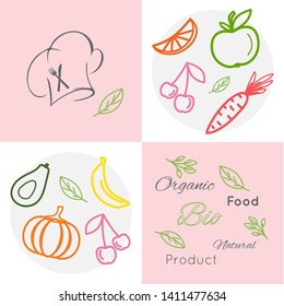 Organic food background with fresh fruits and vegetables, vector illustration. Healthy food background with chef hat and text 