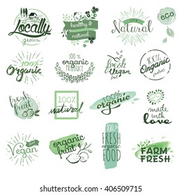 Organic food badges and elements. Hand drawn watercolor vector illustration set for food and drink, restaurant, natural products.