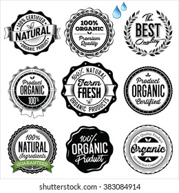 Organic Food Badges, Labels and Elements. Black and White.