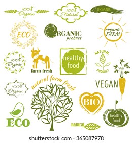 Organic food badges, labels,plants elements,wreaths, set for food and drink, restaurants and organic products vector illustration.. Organic, natural design template. Hand drawing painting. 