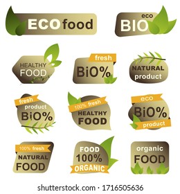 Organic food badges set. Natural eco fresh food, bio and eco friendly nutrition isolated stickers. Ecological farming and food production badges with green leaves. Naturally grown vector signs