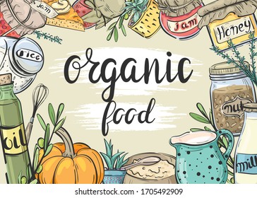 Organic  food. Banner with cooking utensils and products
