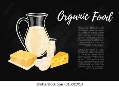 Organic food banner with dairy assortment composition on black background, vector illustration. Nutritious and healthy products. Organic farming. Natural and healthy food concept.