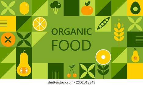 Organic food banner in flat geometric style with a simple shape and pattern. Great for flyers, web posters, natural products presentation templates, cover design. Vector .