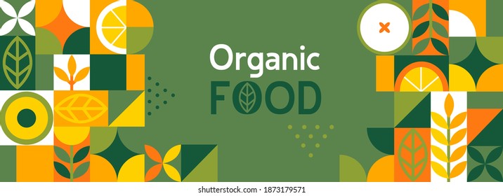 Organic food banner in flat style. Fruits and cereals geometry minimalistic with simple shape and figure.Great for flyer, web poster, natural products presentation templates, cover design. Vector .