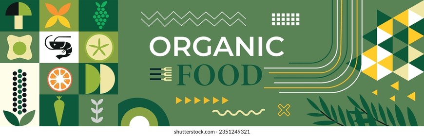 Organic food banner in flat style. Fruits and cereals Abstract geometric retro shapes .Great for flyer, web poster, natural products presentation templates, cover design.