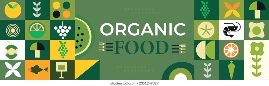 Organic food banner in flat style. Fruits and cereals Abstract geometric retro shapes .Great for flyer, web poster, natural products presentation templates, cover design.