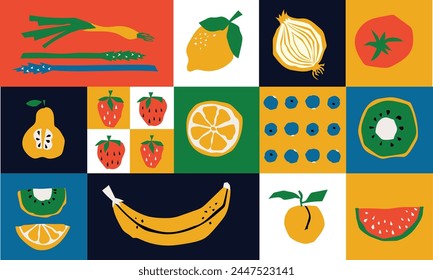 Anuncio de comida orgánica en estilo plano. Geometría minimalista de frutas y cereales con forma y figura sencillas. Ideal para flyer, póster de Web, Plantillas de presentación de productos naturales, diseño de portada.