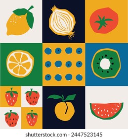 Organic food banner in flat style. Fruits and cereals geometry minimalistic with simple shape and figure. Great for flyer, web poster, natural products presentation templates, cover design.