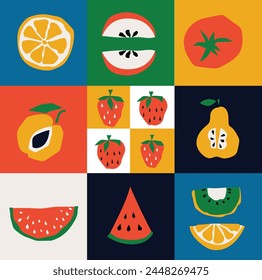 Organic food banner in flat style. Fruits and cereals geometry minimalistic with simple shape and figure. Great for flyer, web poster, natural products presentation templates, cover design.