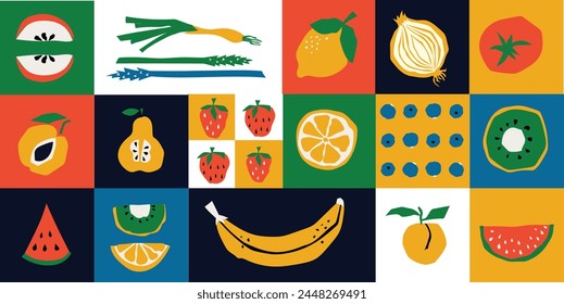 Organic food banner in flat style. Fruits and cereals geometry minimalistic with simple shape and figure. Great for flyer, web poster, natural products presentation templates, cover design.