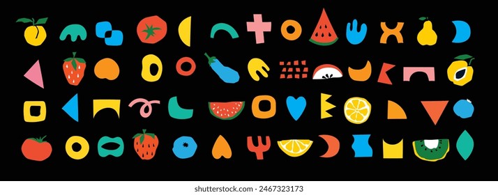 Organic food banner in flat style. Fruits and cereals geometry minimalistic with simple shape and figure. Great for flyer, web poster, natural products presentation templates, cover design.