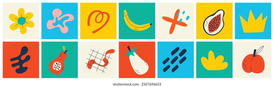 Organic food banner in flat style. Fruits and cereals geometry minimalistic with simple shape and figure. Great for flyer, web poster, natural products presentation templates, cover design.