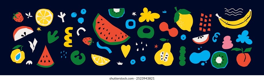 Banner de comida orgânica em estilo plano. Geometria de frutos e cereais minimalista com forma e figura simples. Ótimo para folheto, web poster, modelos de apresentação de produtos naturais, design de capa.