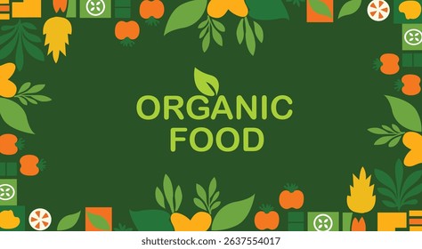Organic food banner in flat style. Fruits and cereals geometry minimalistic simple shape and figure.Great for flyer, web poster, natural products presentation templates, cover design. .